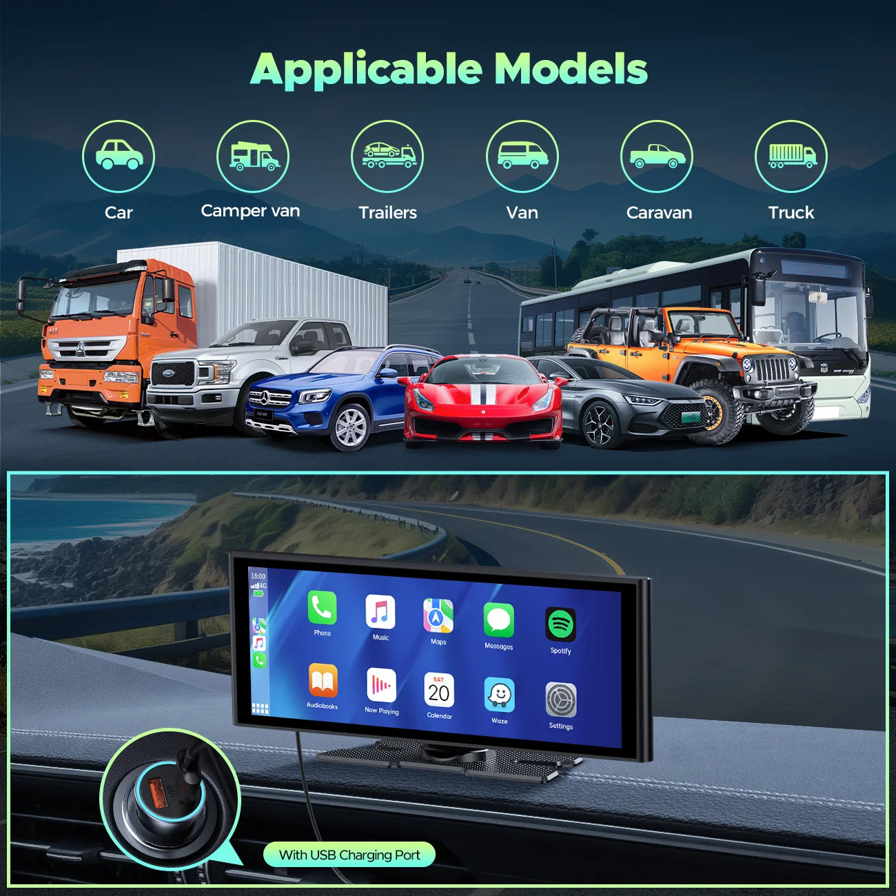 Wireless Carplay Screen for Car 9.26'' Portable 4K Dash Cam with 1080P Backup Camera, with Apple Carplay and Android Auto, Mirror Link, Loop Recording, GPS Navigation, 64G Card, Balck