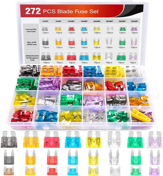 - 50019R 272Pcs Standard & Mini & Low Profile Mini Blade Fuse Assortment, 2A 5A 10A 15A 20A 25A 30A 35A Replacement Fuses for Car Boat Truck SUV Automotive