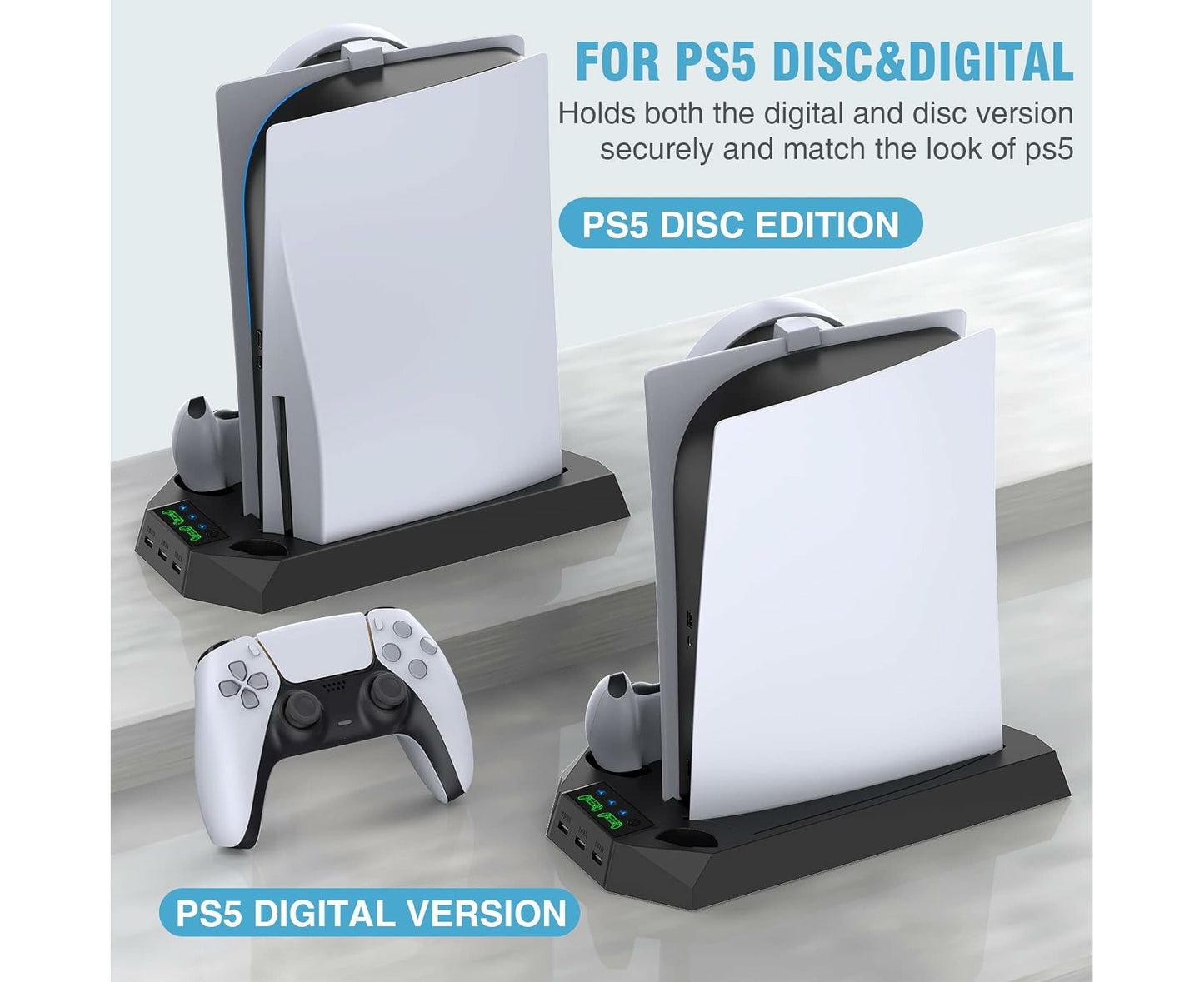 PS5 Stand with Cooling Station and Dual Controller Charging Station for PS5 Digital Edition, PS5 Disc Version,Ps5 Cooling Fan -Black