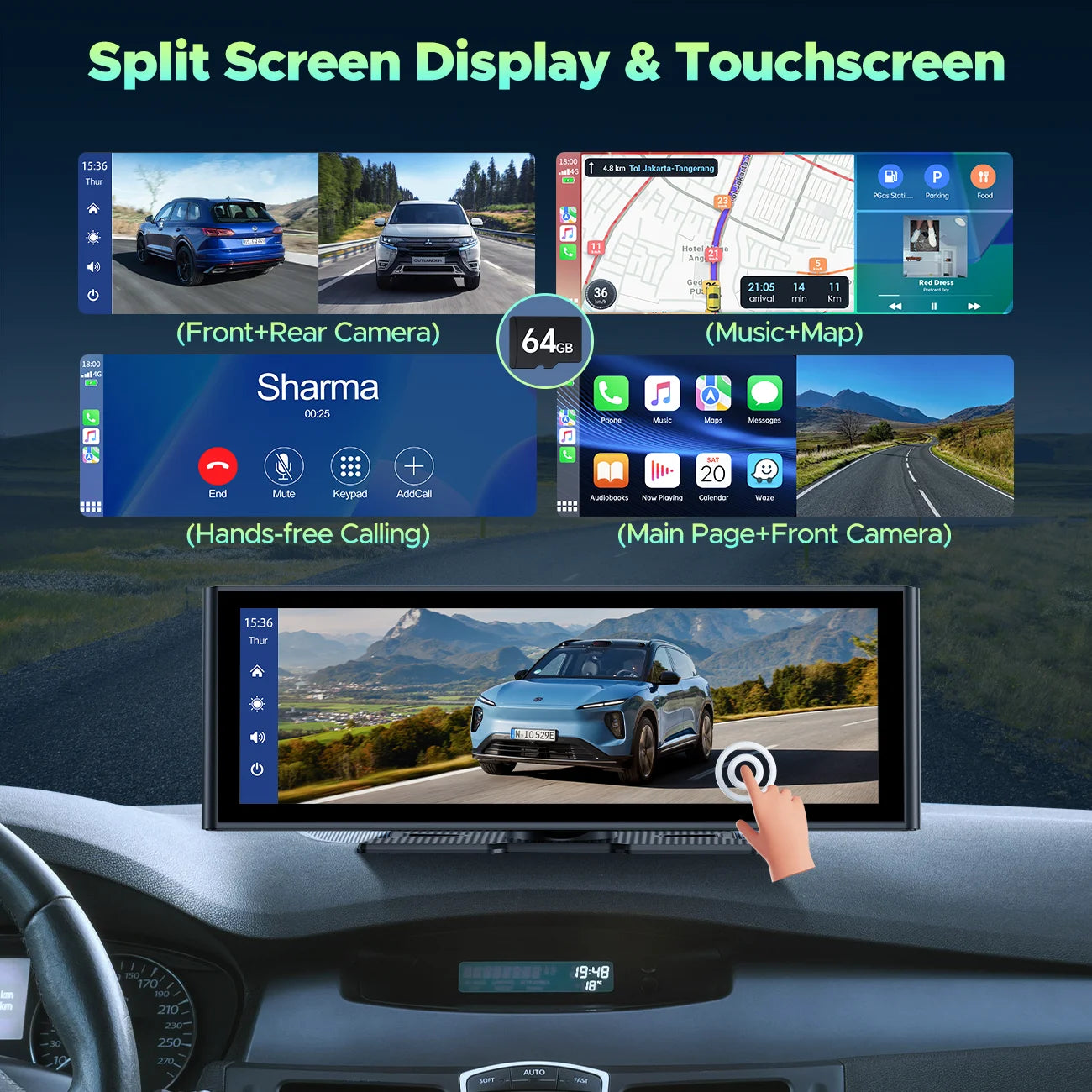 Wireless Carplay Screen for Car 9.26'' Portable 4K Dash Cam with 1080P Backup Camera, with Apple Carplay and Android Auto, Mirror Link, Loop Recording, GPS Navigation, 64G Card, Balck