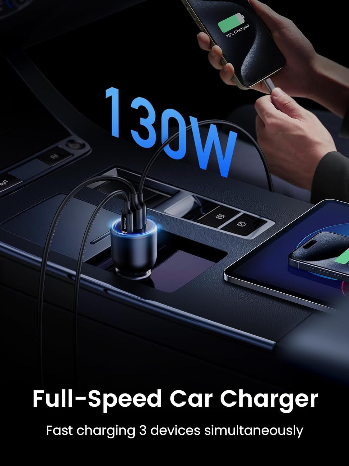 130W Laptop USB C Car Charger Fast Charging, 3 Ports Cigarette Lighter Adapter, PD3.0/QC4.0/PPS 45W, LED Light, Compatible with Macbook, Ipad, Iphone 16, Galaxy S25 S24, with a 100W USB C Cable