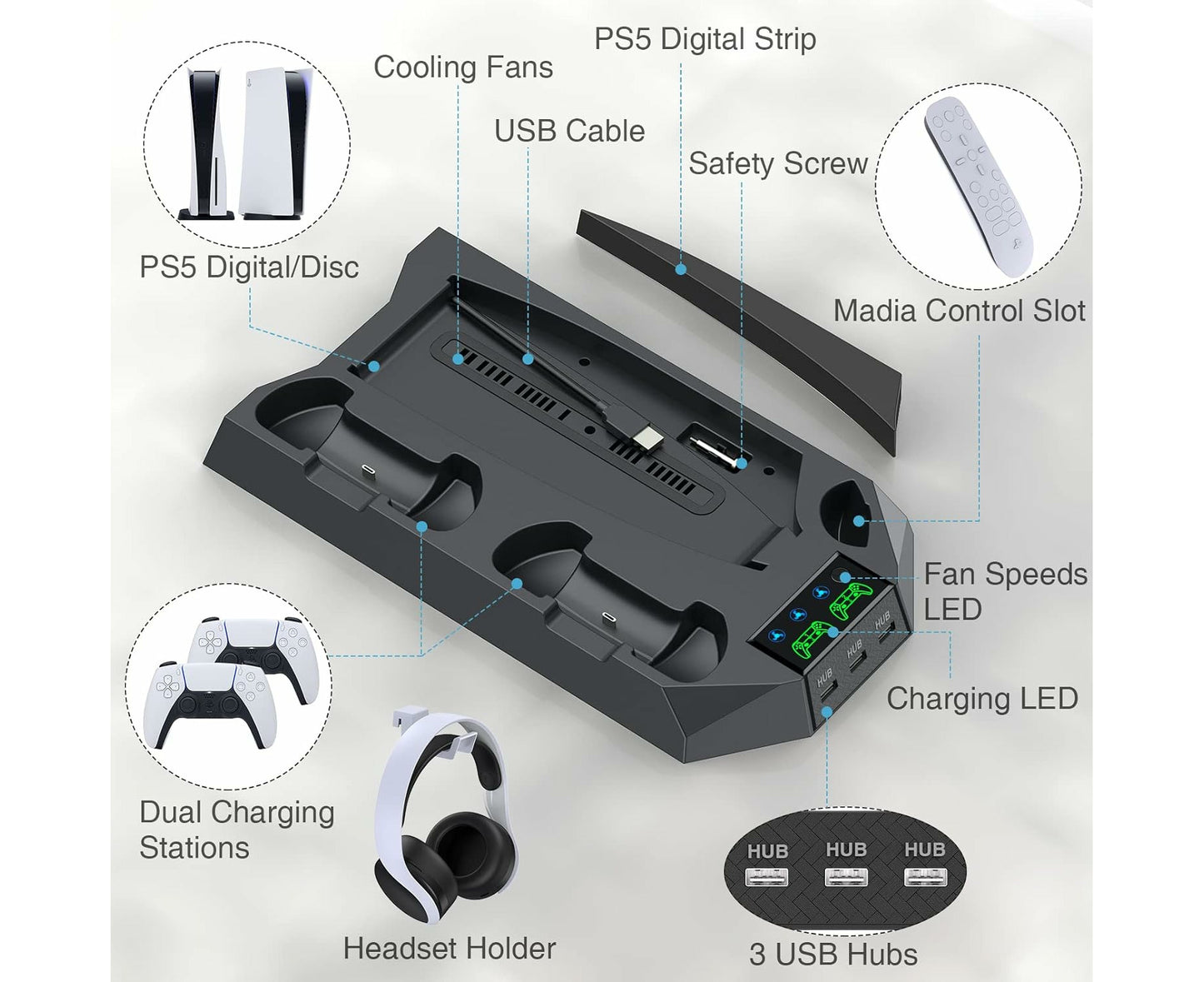 PS5 Stand with Cooling Station and Dual Controller Charging Station for PS5 Digital Edition, PS5 Disc Version,Ps5 Cooling Fan -Black