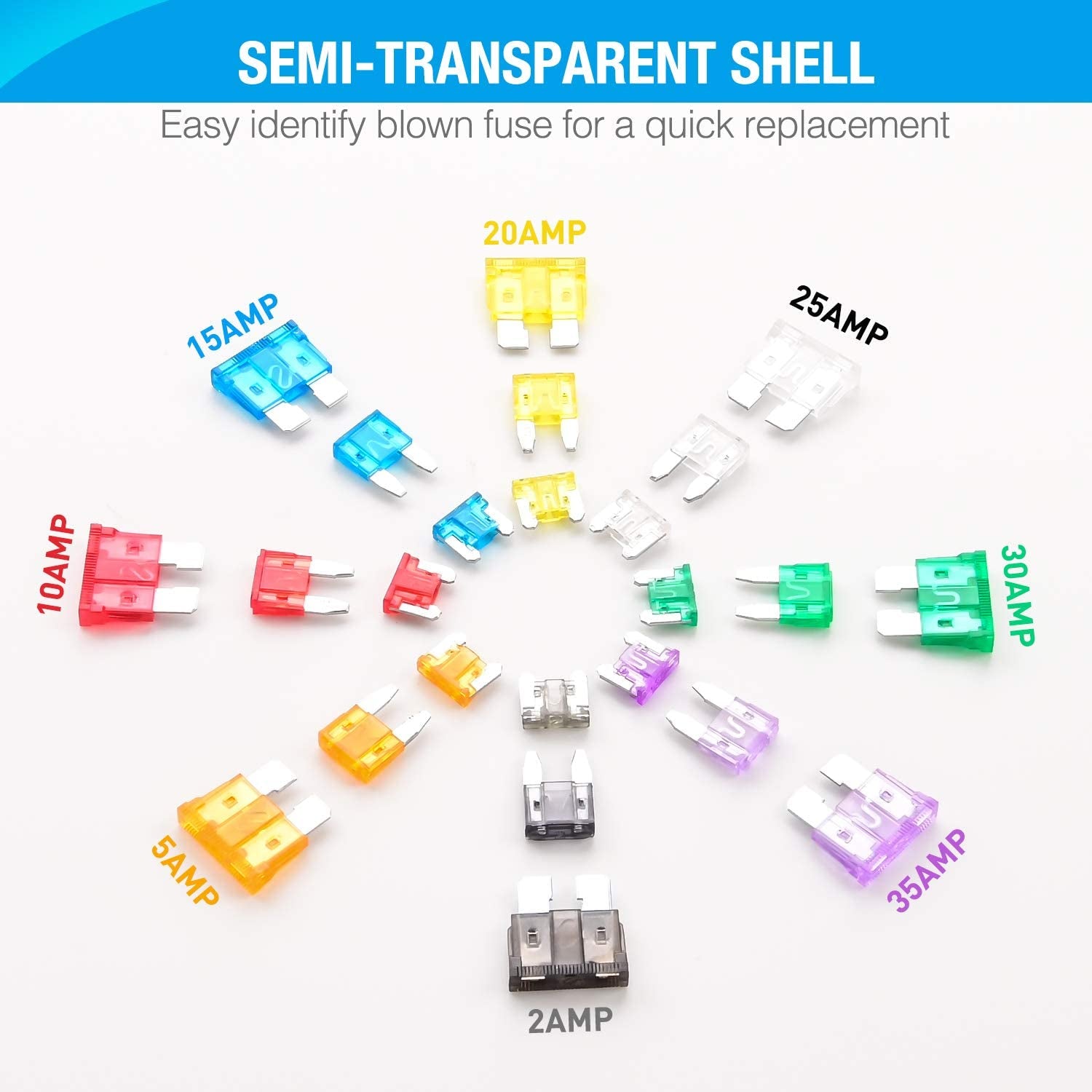 - 50019R 272Pcs Standard & Mini & Low Profile Mini Blade Fuse Assortment, 2A 5A 10A 15A 20A 25A 30A 35A Replacement Fuses for Car Boat Truck SUV Automotive